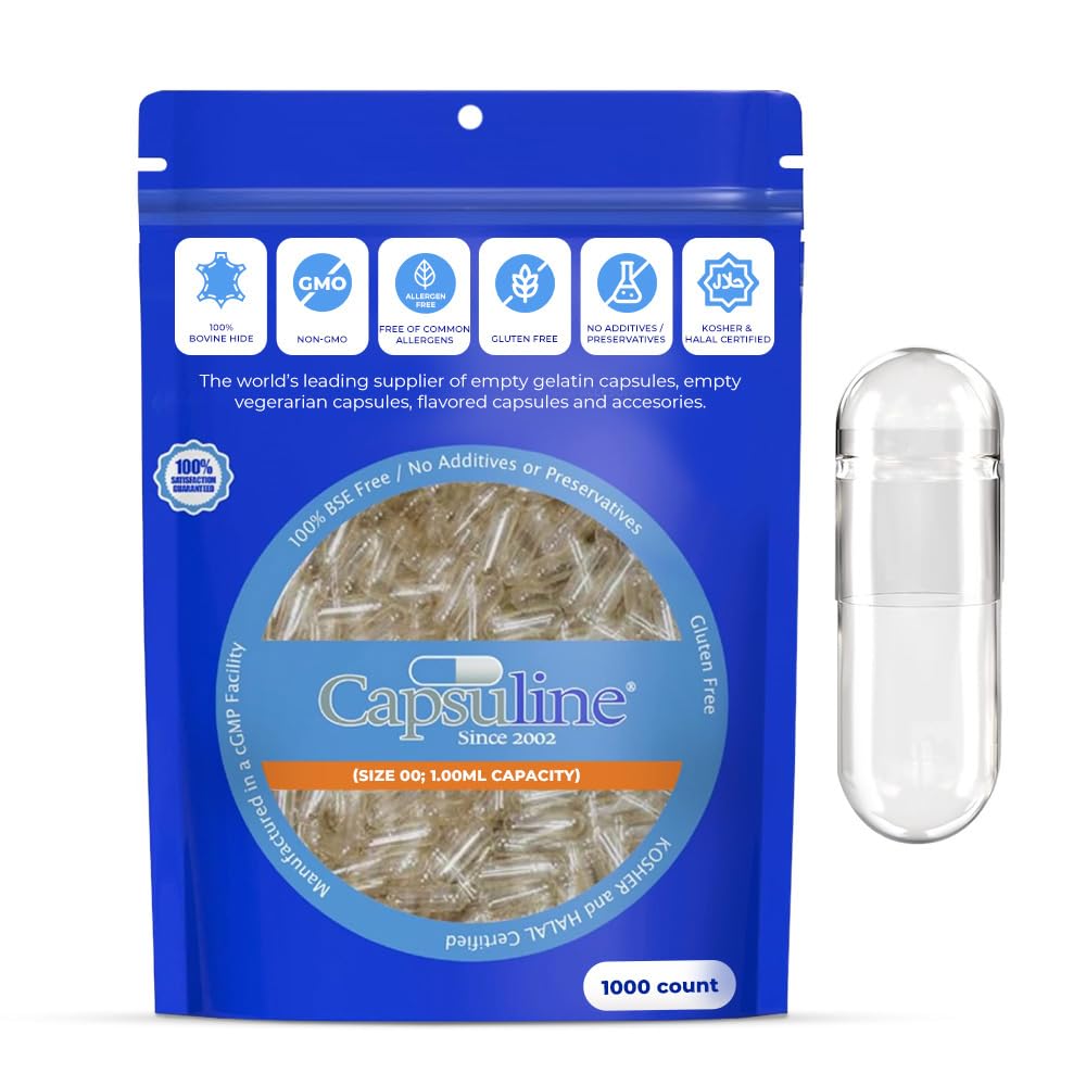 Clear Size 00 Empty Gelatin Capsules by Capsuline - 1000 Count + Holding Tray Size 00 for 25 capsules